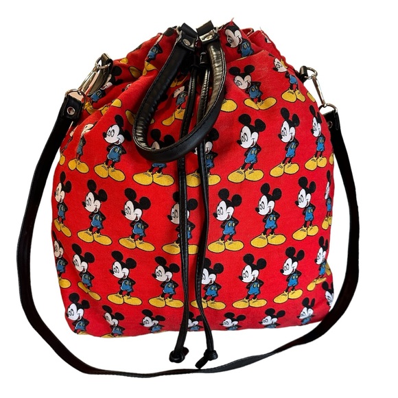 Vintage 90s Mickey Unlimited Disney Red Black Tote Drawstring Bag Purse - Picture 1 of 4